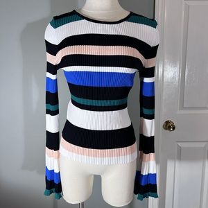 Scripted Sz L Black White Green Peach Blue Ribbed Striped Bell sleeve Top POSH44